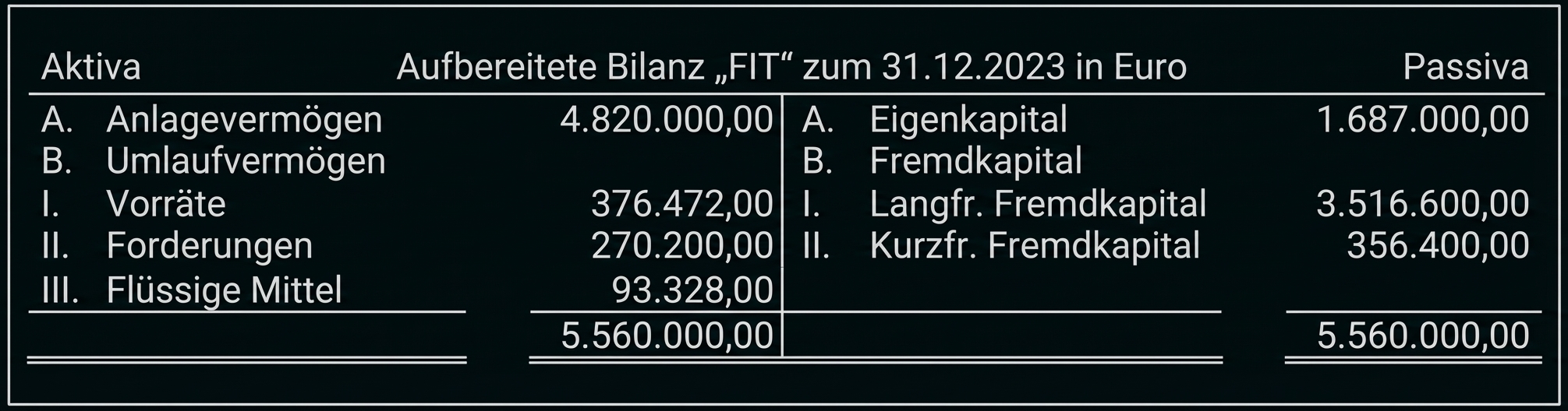Bilanzübersicht 'FIT' zum 31.12.2023, Aktiva (Anlage-, Umlaufvermögen) und Passiva (Eigen- und Fremdkapital) mit Summen